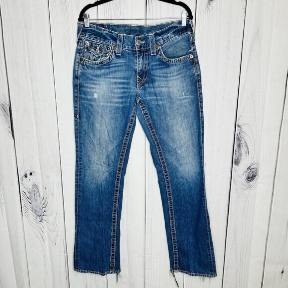 True Religion Ricky Jeans Mens Sz 32x32 Bootcut Leg USA Denim Distressed - Picture 1 of 10